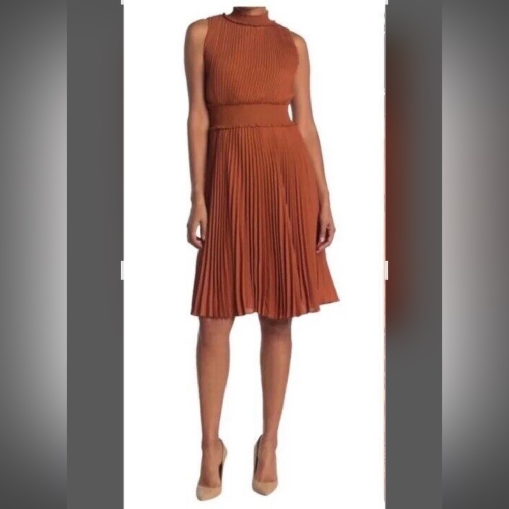 NANETTE LEPORE Solid “Vivid Coral” Orange Pleated Flowy Dress